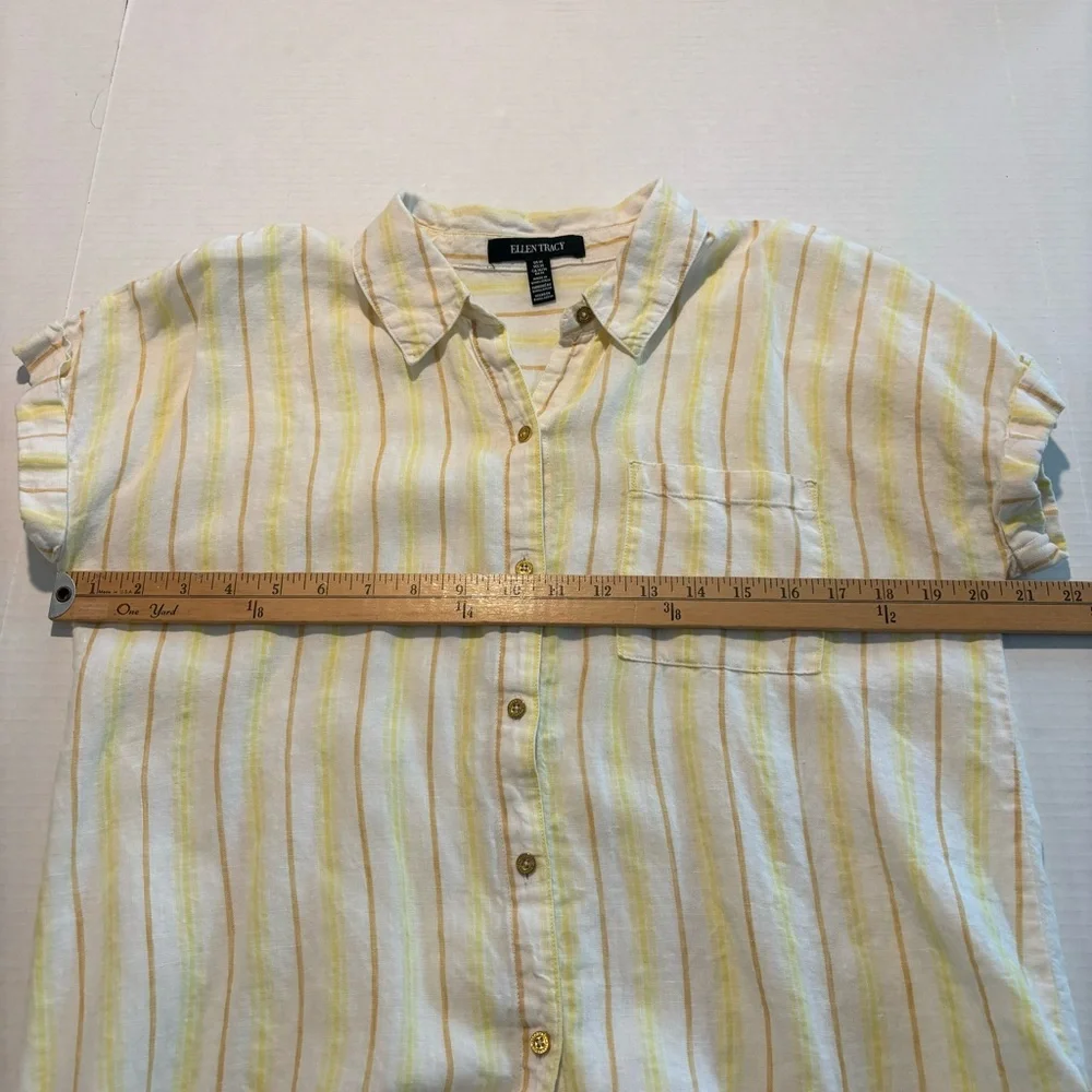 Ellen Tracy 100% Linen Striped Tie Front Button Up Short‎ Sleeve Shirt Women’s M - Picture 7 of 7